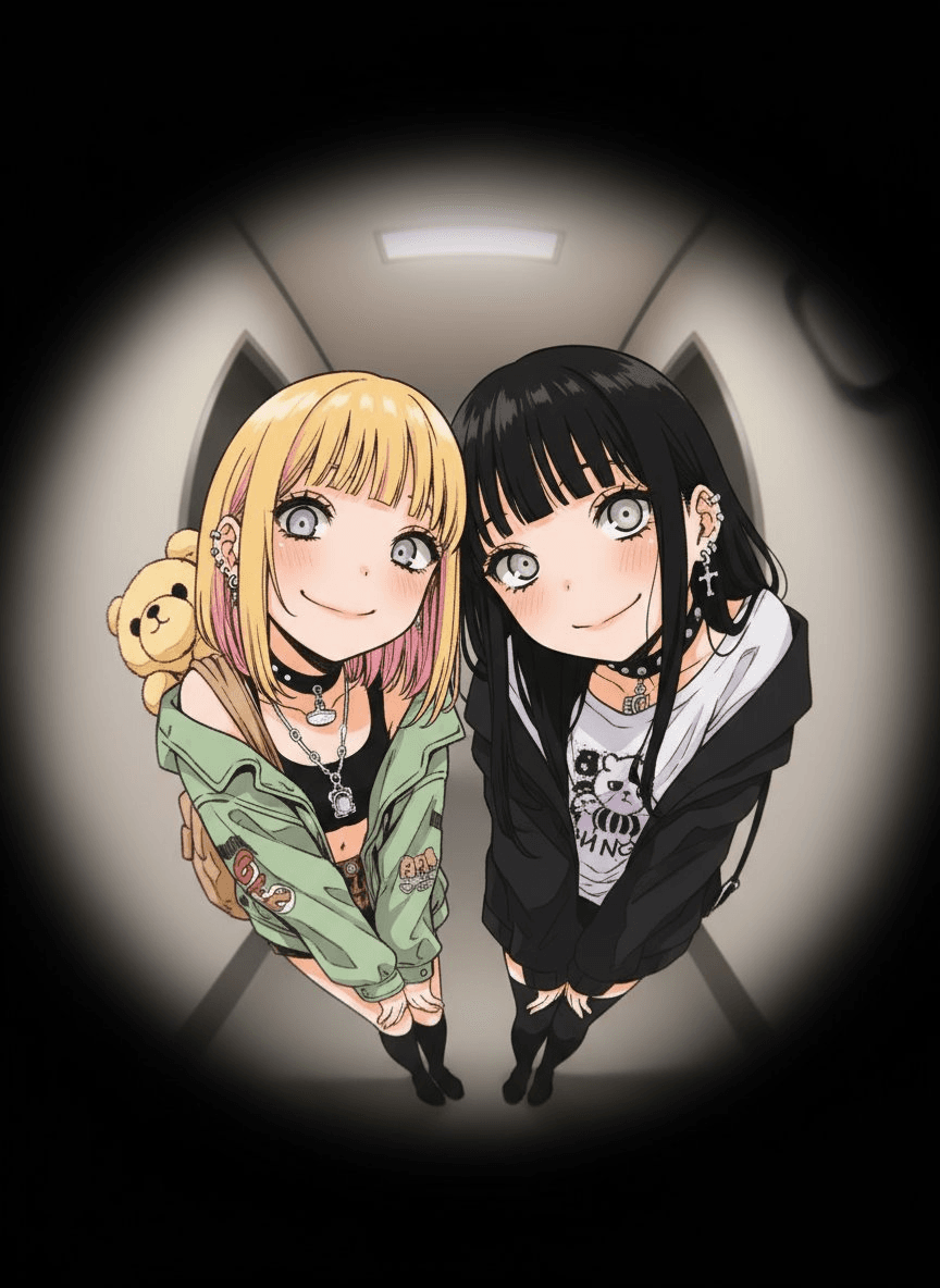 AI generated image for: Fisheye Peephole Illustration, nano-banana, 人像, 室内, 夜景