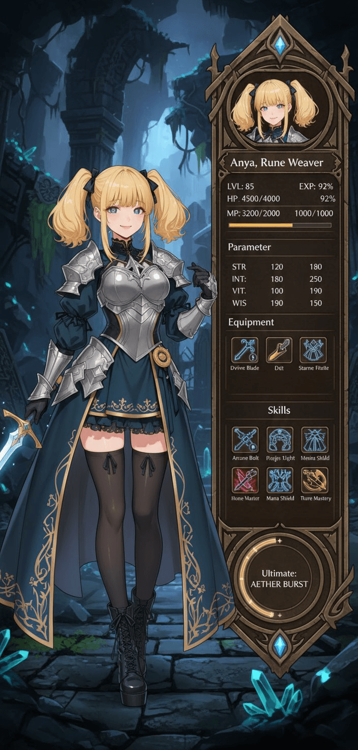 AI generated image for: RPG Character Status UI, nano-banana, 人像